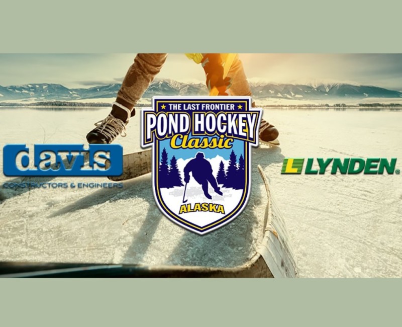 A hockey player skating on a frozen pond with mountains in the background, promoting the Pond Hockey Classic in Alaska in Mat-Su, Alaska