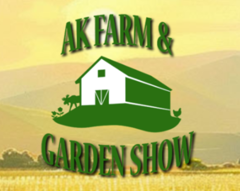 A vibrant poster for the AK Farm & Garden Show featuring a green barn on a hill with rolling fields and mountains in the background in Mat-Su, Alaska