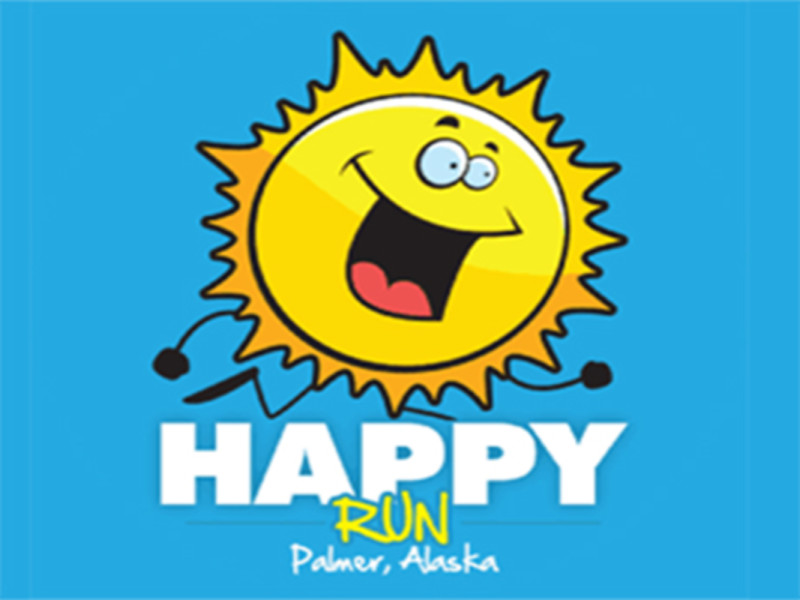 A cheerful cartoon sun with a wide grin and sunglasses, representing the Happy Run event in Palmer, Alaska in Mat-Su, Alaska