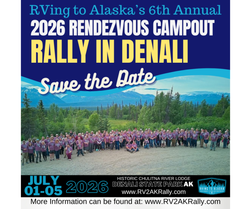 A large group of people in purple shirts gather for the 2026 RVing to Alaska's 6th Annual Rendezvous Campout Rally in Denali National Park, with majestic mountains and lush forests in the background in Mat-Su, Alaska