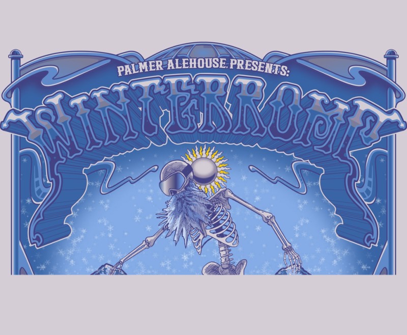A skeleton dressed in winter clothing plays a guitar in a snowy landscape, with the words 'Winterromance' and 'Palmer Alehouse Presents' above in Mat-Su, Alaska