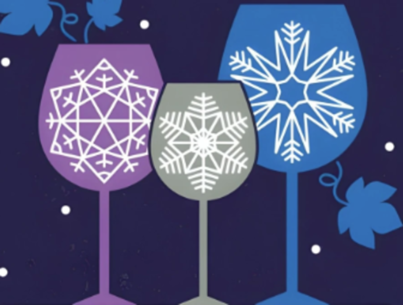 Three stylized wine glasses with snowflake designs in purple, gray, and blue against a dark background with leaf and snowflake accents in Mat-Su, Alaska