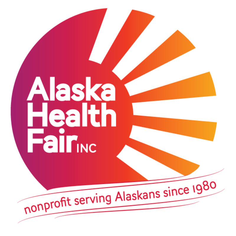 A vibrant logo featuring a sunburst design with the text 'Alaska Health Fair Inc.' and 'nonprofit serving Alaskans since 1980' in Mat-Su, Alaska