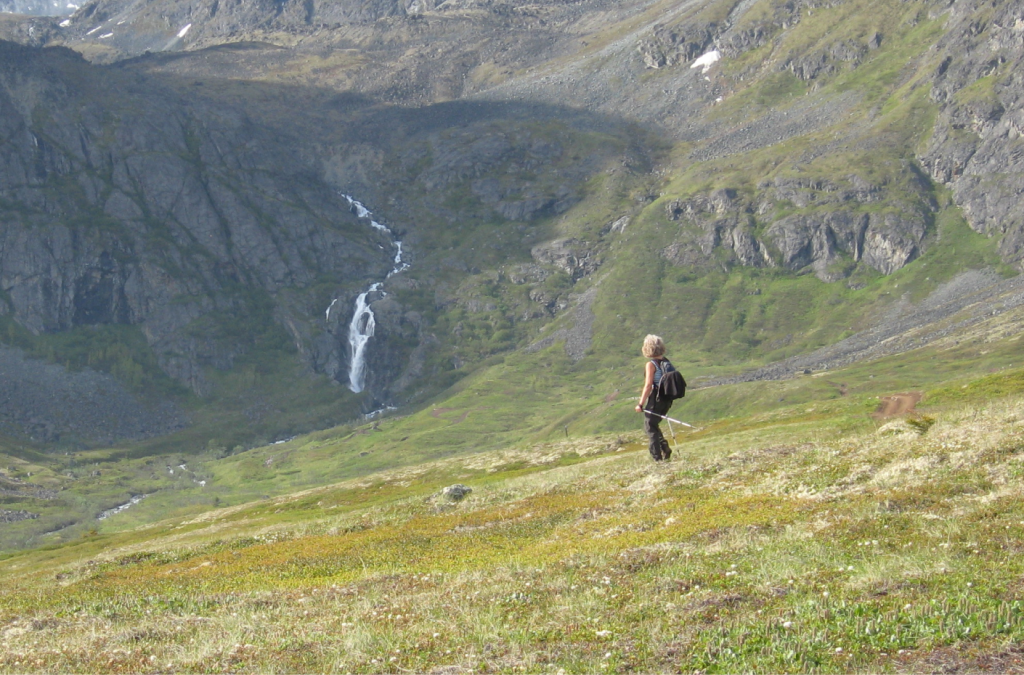 A lone hiker with a backpack stands on a grassy hillside overlooking a vast, green valley with cascading waterfalls and rugged mountains in the distance in Mat-Su, Alaska