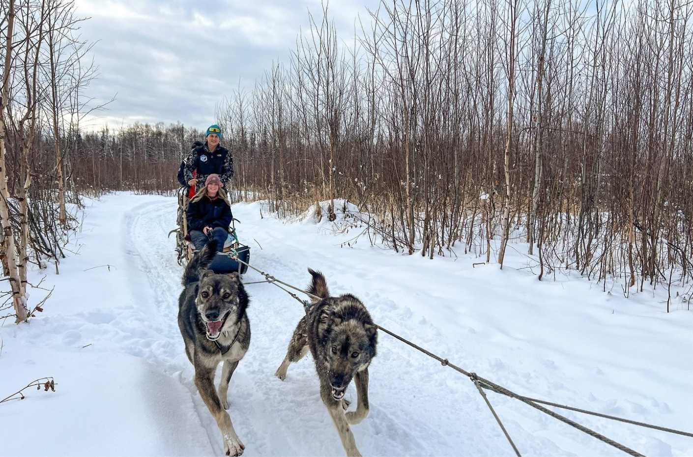 Two huskies pull a sled through a snowy forest with three people aboard in Mat-Su, Alaska