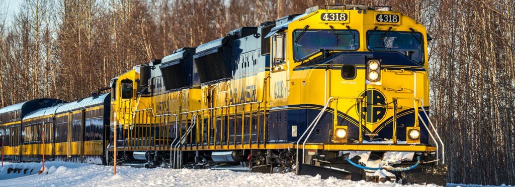A vibrant yellow and black train engine pulling passenger cars through a snowy landscape with bare trees in the background in Mat-Su, Alaska
