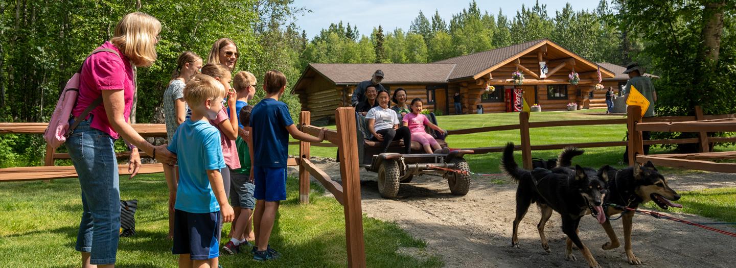 A group of children and adults gather around a wooden fence, watching as two dogs pull a small wagon along a dirt path in a lush, green park setting in Mat-Su, Alaska