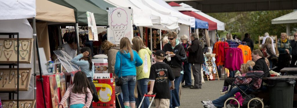 A bustling outdoor market with colorful tents, shoppers browsing goods, and children playing nearby in Mat-Su, Alaska