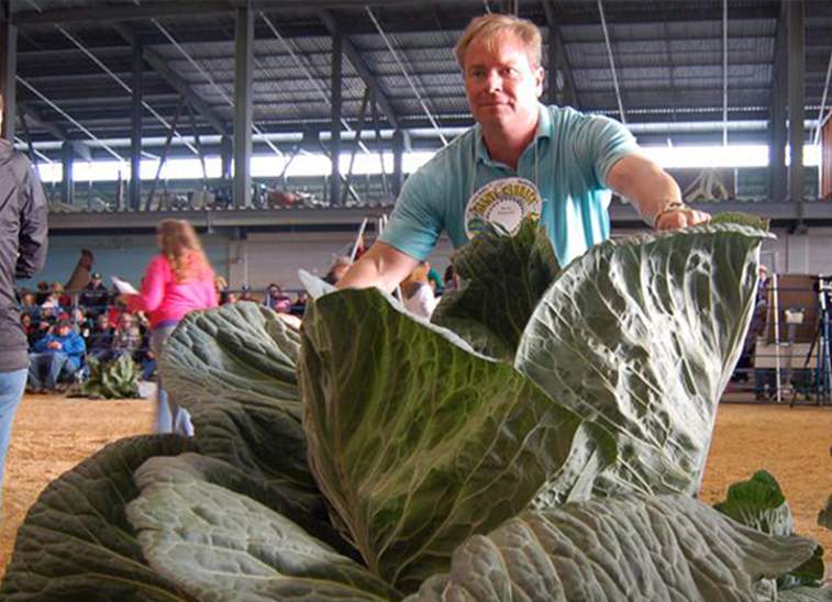 A man proudly displays a massive cabbage at an indoor agricultural event in Mat-Su, Alaska