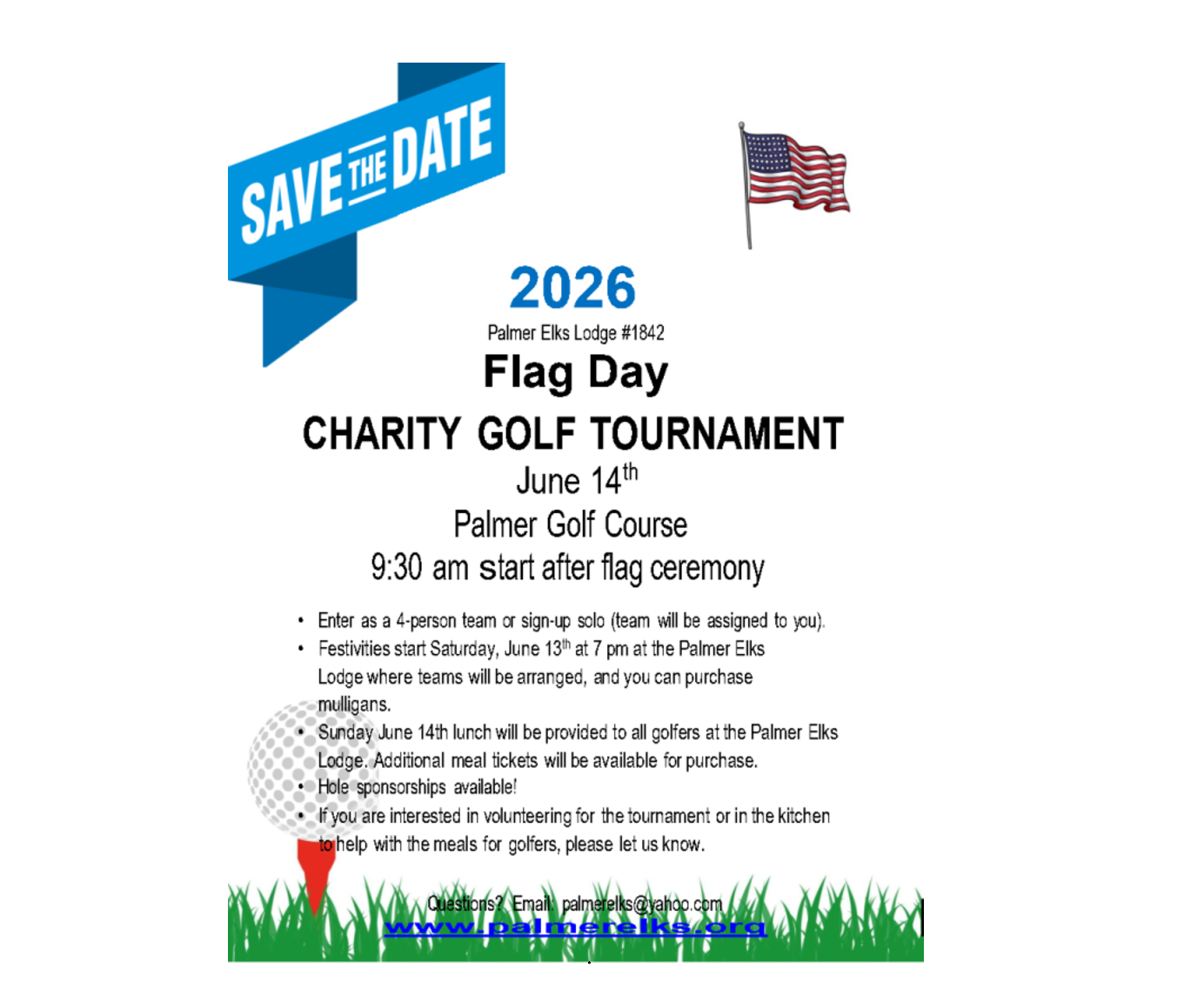 A promotional poster for the 2026 Flag Day Charity Golf Tournament at Palmer Golf Course, featuring a golf ball and tee on a grassy field with an American flag in the background in Mat-Su, Alaska