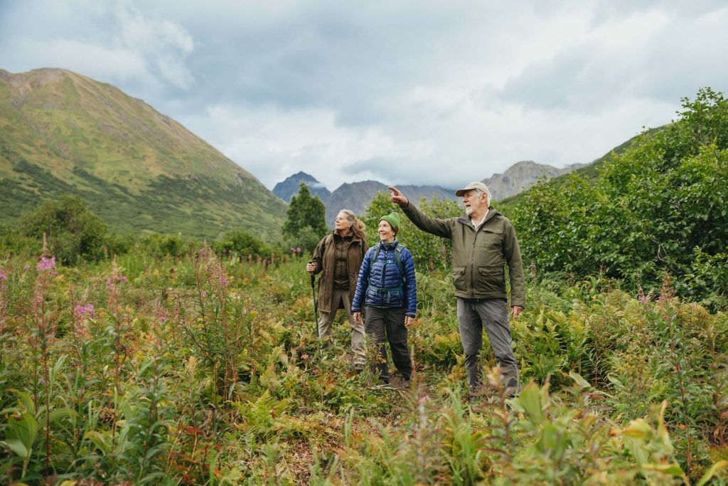 Three people hiking in a mountain meadow with one person pointing at the scenery in Mat-Su, Alaska