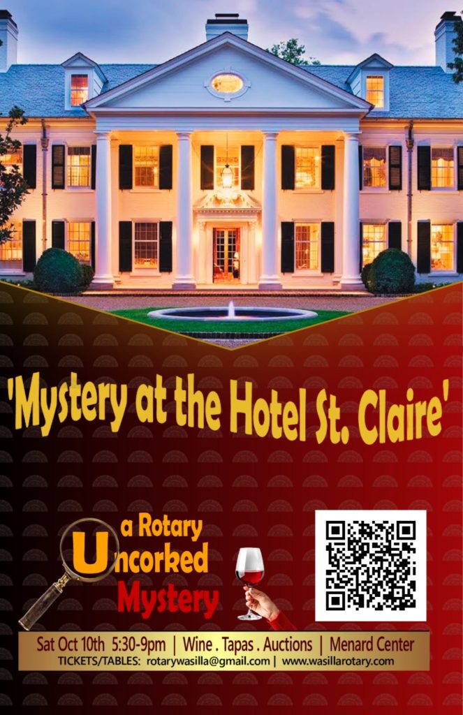 A promotional flyer for a Rotary Club mystery event at a grand mansion in Mat-Su, Alaska