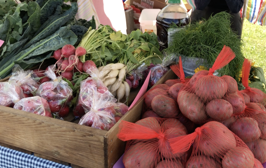 Fresh vegetables including radishes, kale, and potatoes displayed in wooden crates at a market in Mat-Su, Alaska