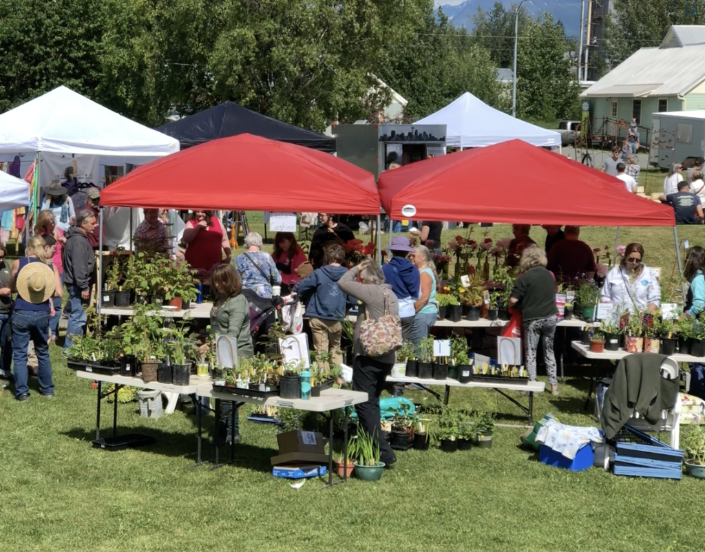People browse potted plants at an outdoor market under red and white tents in Mat-Su, Alaska