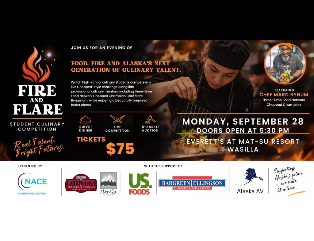 A promotional flyer for a student culinary competition titled Fire and Flare in Mat-Su, Alaska