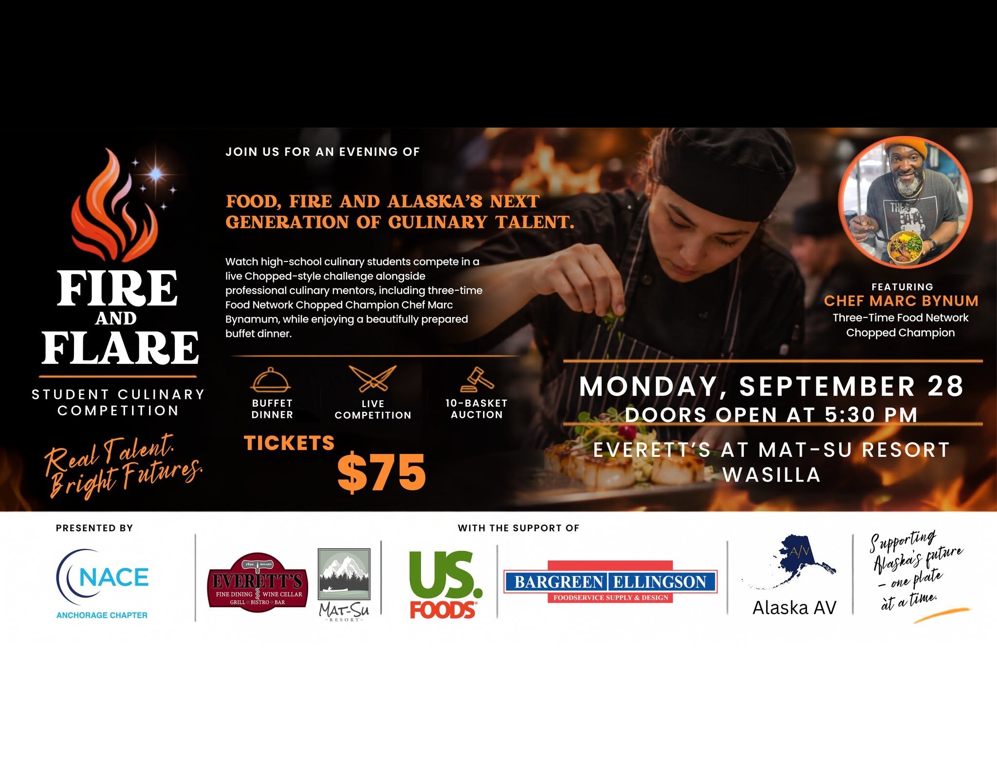 A promotional flyer for a student culinary competition titled Fire and Flare in Mat-Su, Alaska