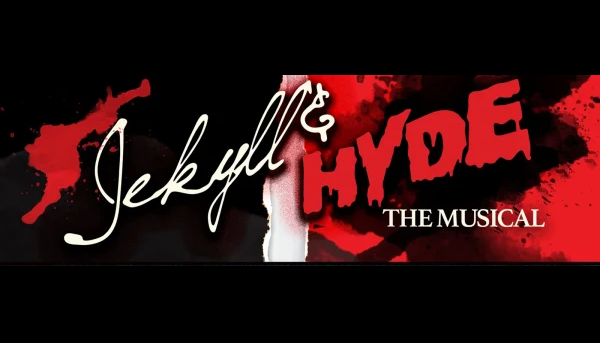A graphic logo for Jekyll & Hyde The Musical with red and black ink splatters in Mat-Su, Alaska