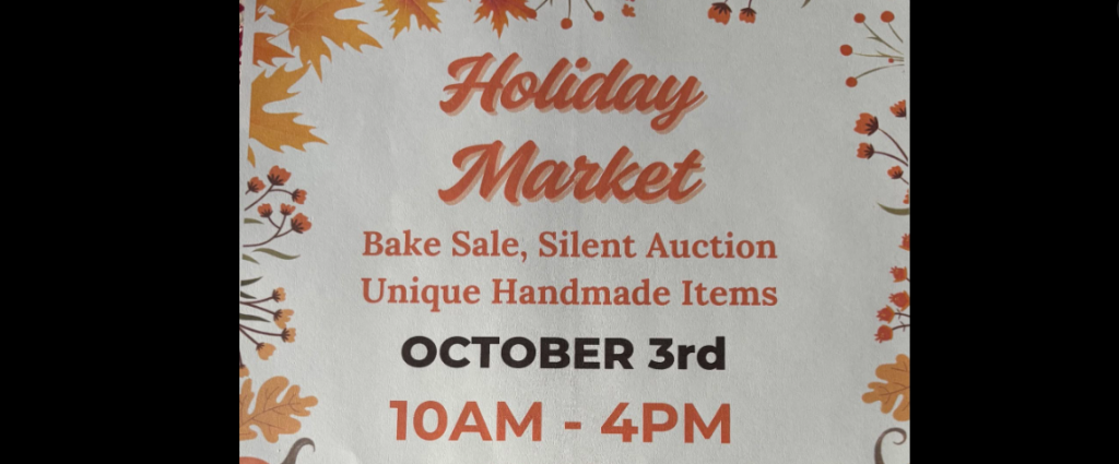 A flyer for a Holiday Market featuring a bake sale and silent auction on October 3rd in Mat-Su, Alaska