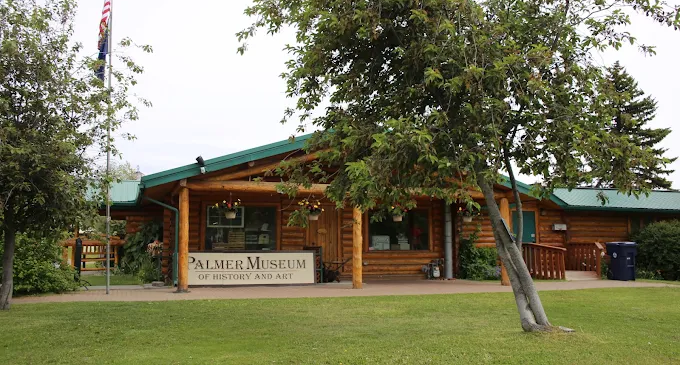 The Palmer Museum of History and Art housed in a rustic log cabin building in Mat-Su, Alaska