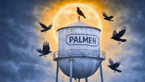 Crows fly around a water tower labeled Palmer against a large glowing moon in Mat-Su, Alaska