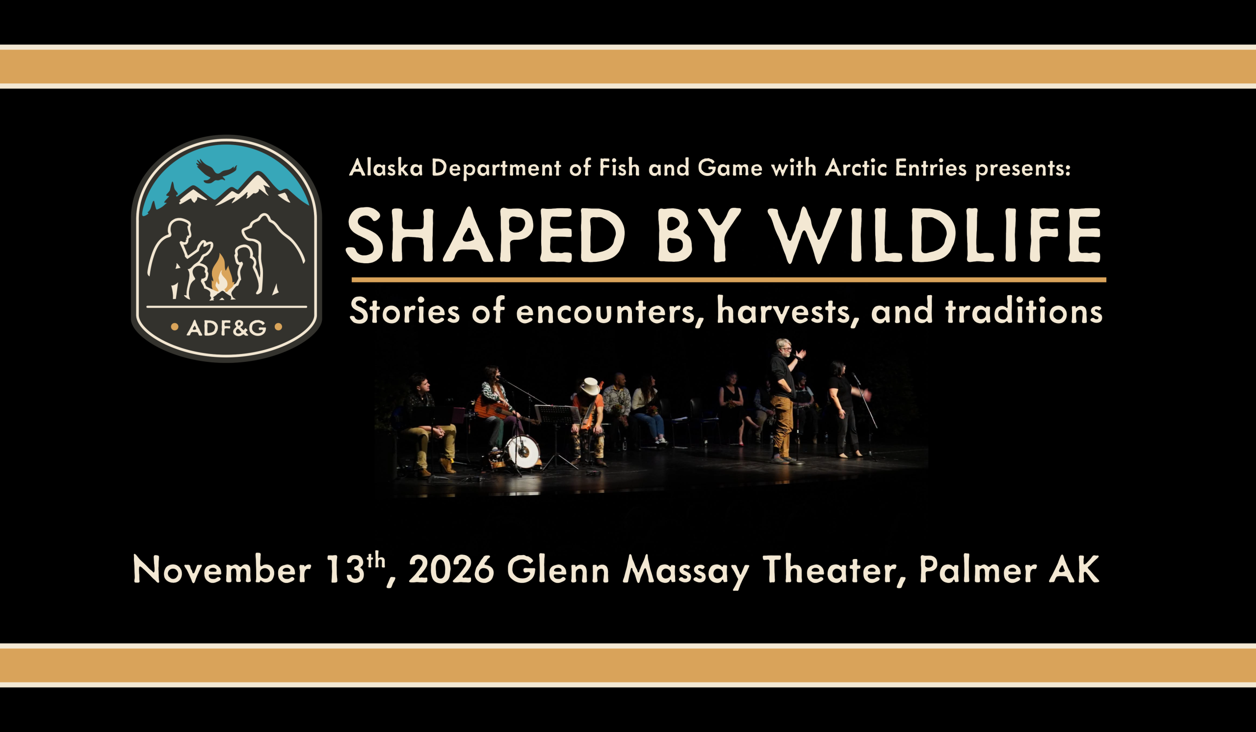 A promotional graphic for a storytelling event titled Shaped by Wildlife in Palmer, Alaska in Mat-Su, Alaska