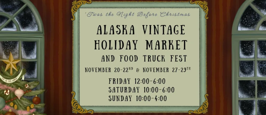 A vintage-style poster advertising an Alaska holiday market and food truck festival in Mat-Su, Alaska