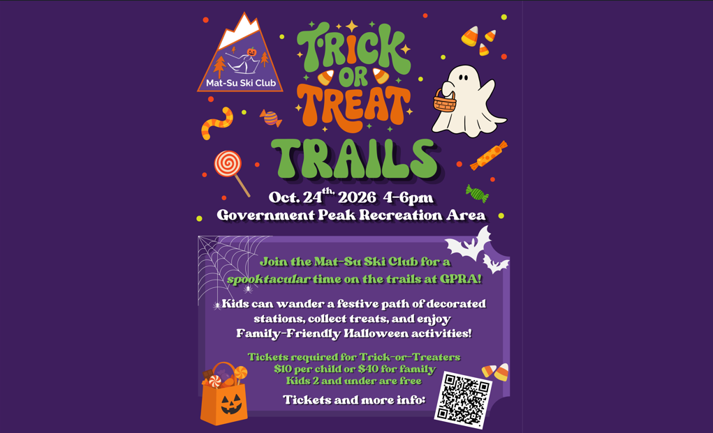 A purple flyer advertising a Trick or Treat Trails Halloween event in Mat-Su, Alaska