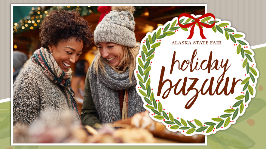 Two women smiling while shopping at the Alaska State Fair holiday bazaar in Mat-Su, Alaska