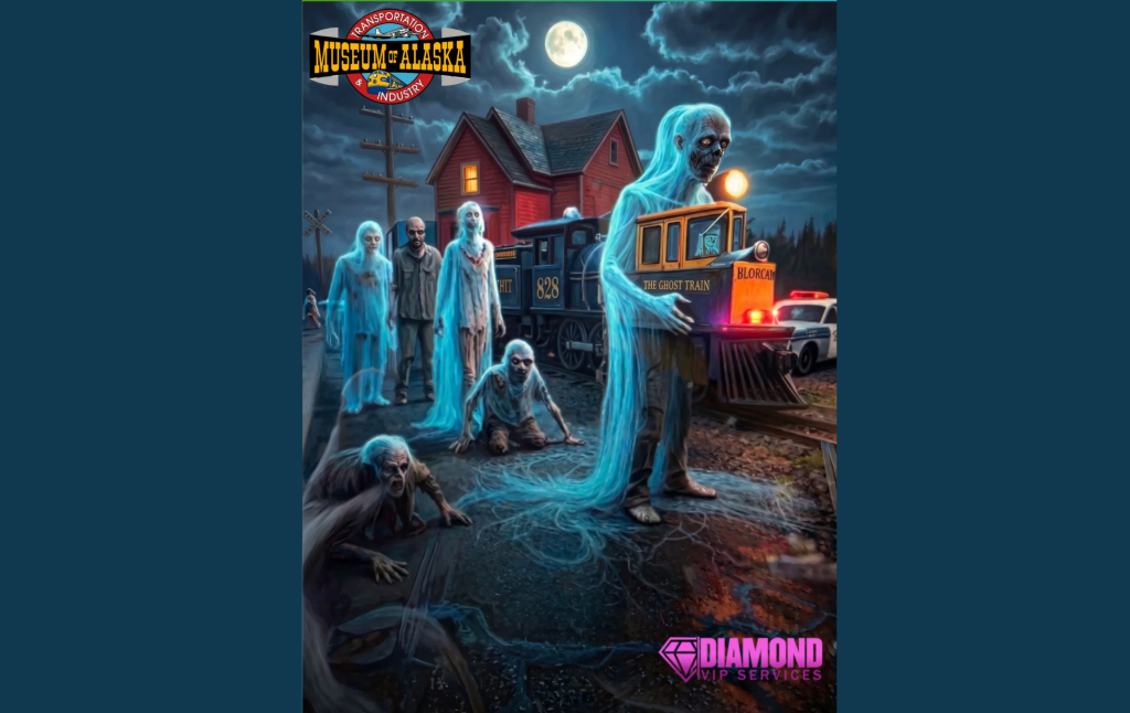 A group of ghosts and zombies stand near a train at night in Mat-Su, Alaska