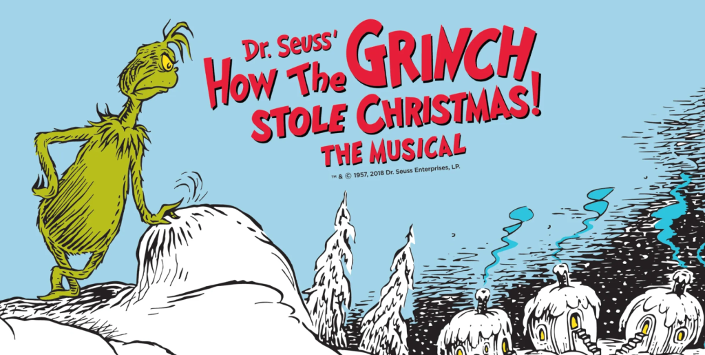 The Grinch stands on a snowy hill overlooking Whoville in this musical promotional graphic in Mat-Su, Alaska