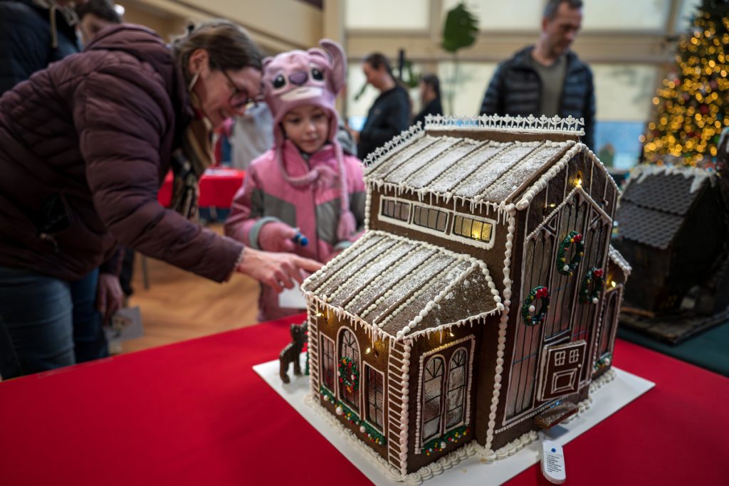 A woman and a child in a pink hat admire a detailed gingerbread house in Mat-Su, Alaska